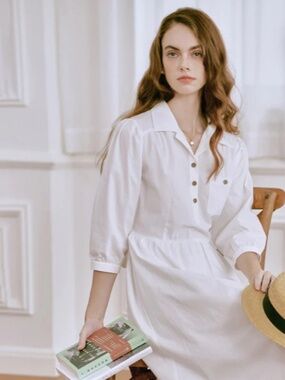 Simple Retro 100% Cotton Lined White Dress New w/ Pockets $45 Retail!